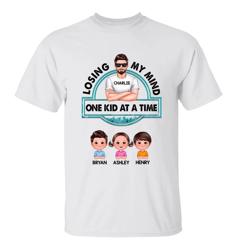 Cool retro-style graphic tees for adults-Dad Losing My Mind One Kid At A Time Real Man Personalized Shirt