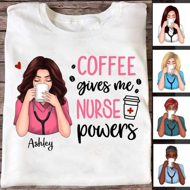 Personalized matching T-shirts for parents and kids-Coffee Gives Me Nurse Power Personalized Shirt