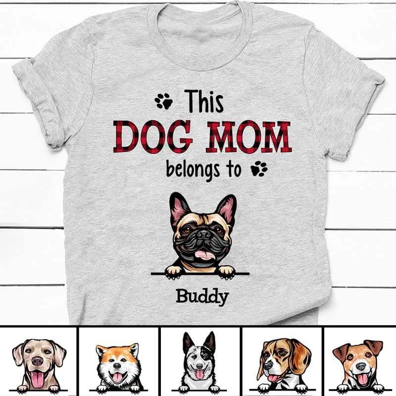 Funny T-shirts with motivational sayings-Peeking Dog Red Plaid This Dog Mom Belongs To Personalized Shirt