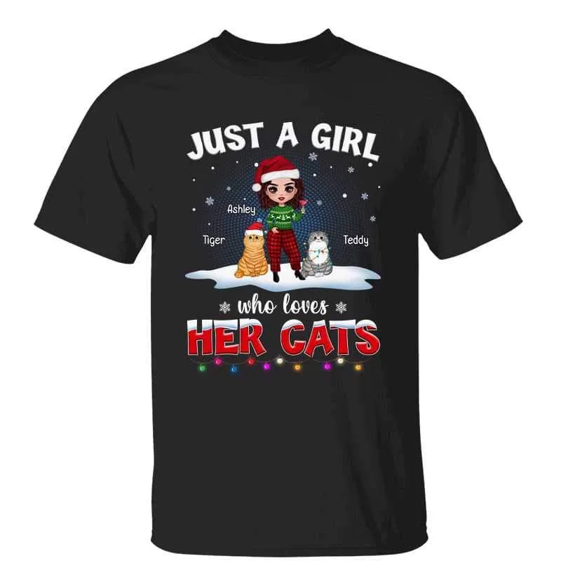 Funny office-themed T-shirts for coworkers-Just A Girl Who Loves Her Cats Christmas Personalized Shirt