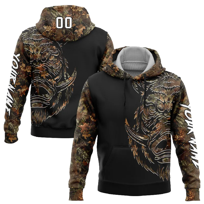 Women's Lantern Sleeve Hoodies-Custom Stitched Camo White-Black 3D Wild Boar Hunting Sports Pullover Sweatshirt Hoodie