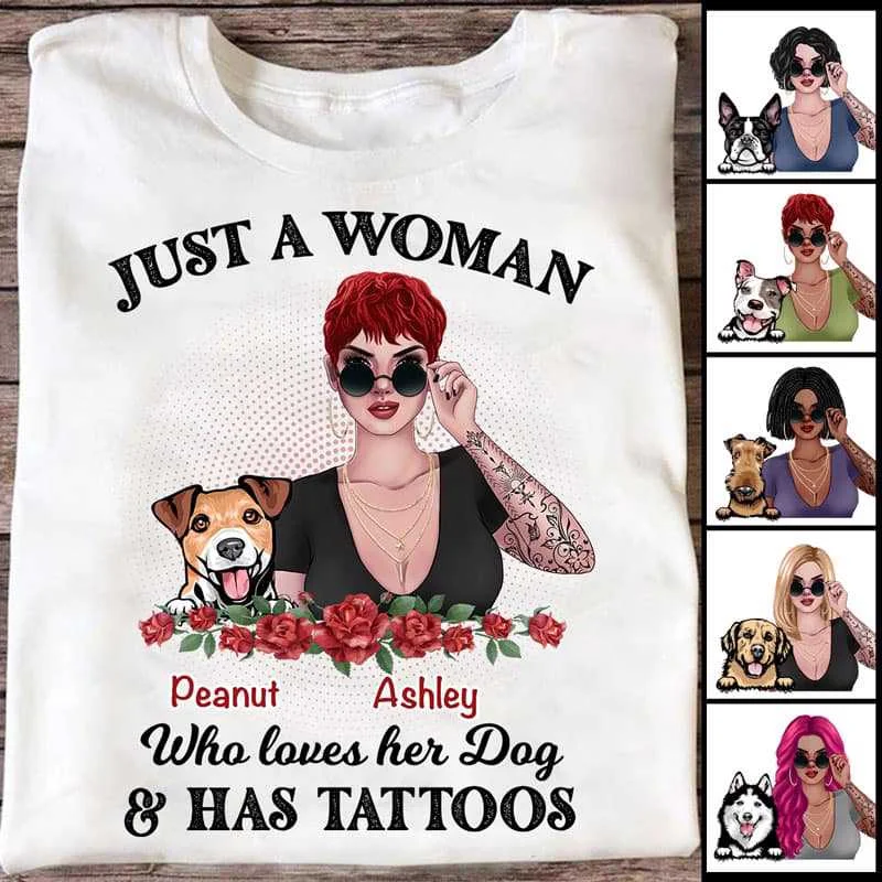 Custom-designed retro T-shirts for men-Woman Loves Her Dog And Has Tattoos Personalized Shirt