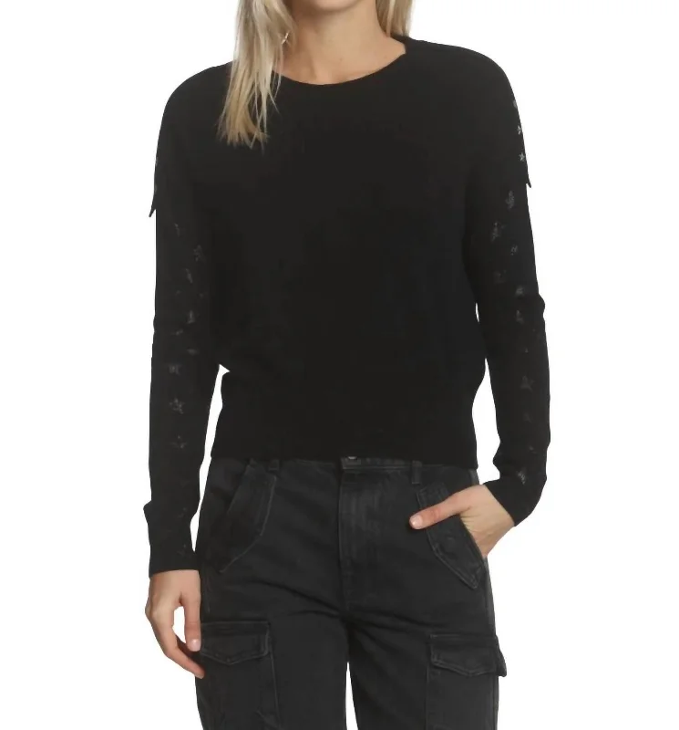 Slim-fit wool pullover sweater for women-Women's Low-Waisted Denim Pullovers-Zoe Star Stud Top In Black