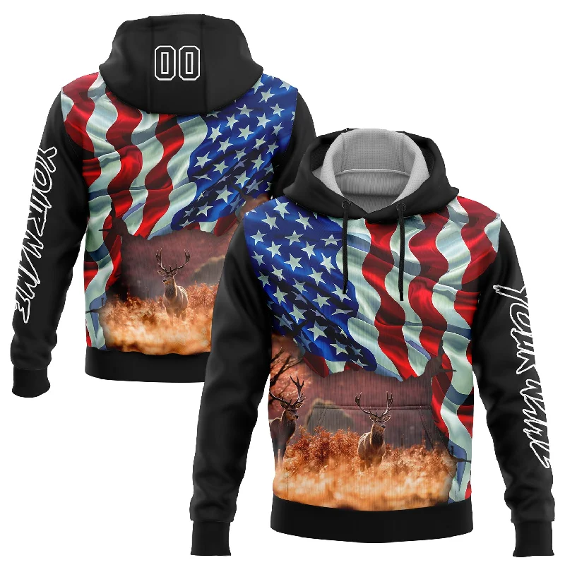 Women's Metallic Hoodies-Custom Stitched Black White 3D American Flag And Deer Hunting Sports Pullover Sweatshirt Hoodie