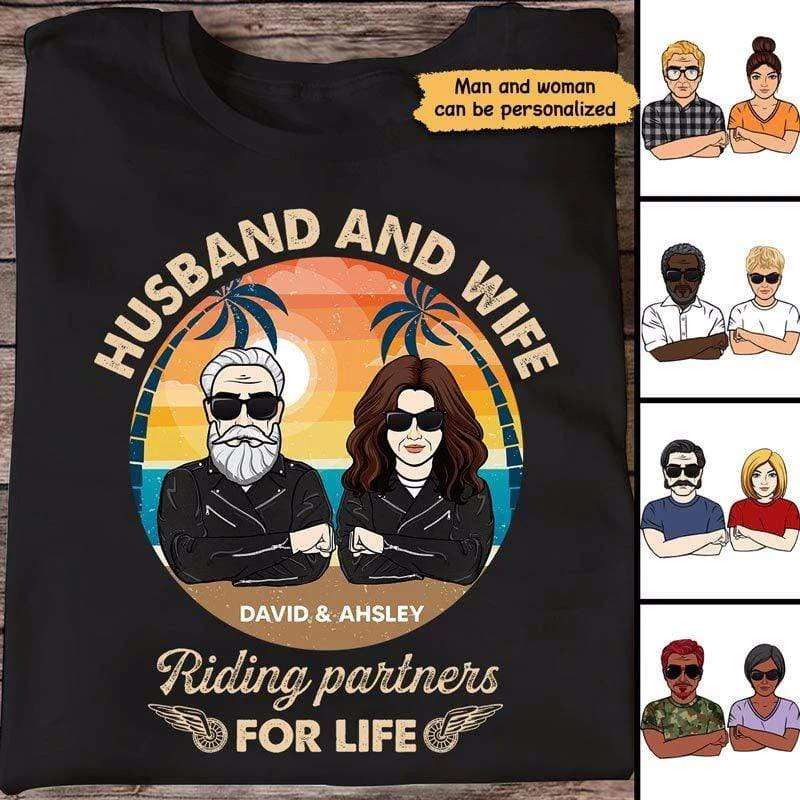 Custom designs for birthday graphic T-shirts-Husband And Wife Riding Partners For Life Personalized Shirt