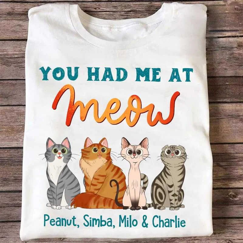 Custom design tees for road trips-You Had Me At Meow Sitting Cat Cartoon Personalized Shirt