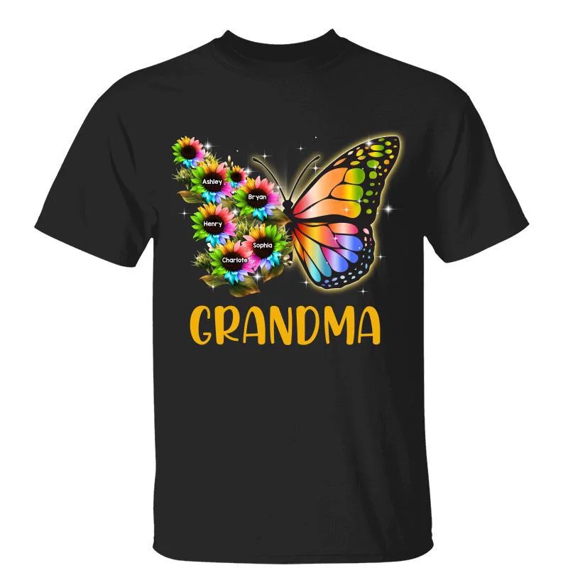 Personalized t-shirts for family trips-Mom Grandma Butterflies Colorful Sunflowers Personalized Shirt