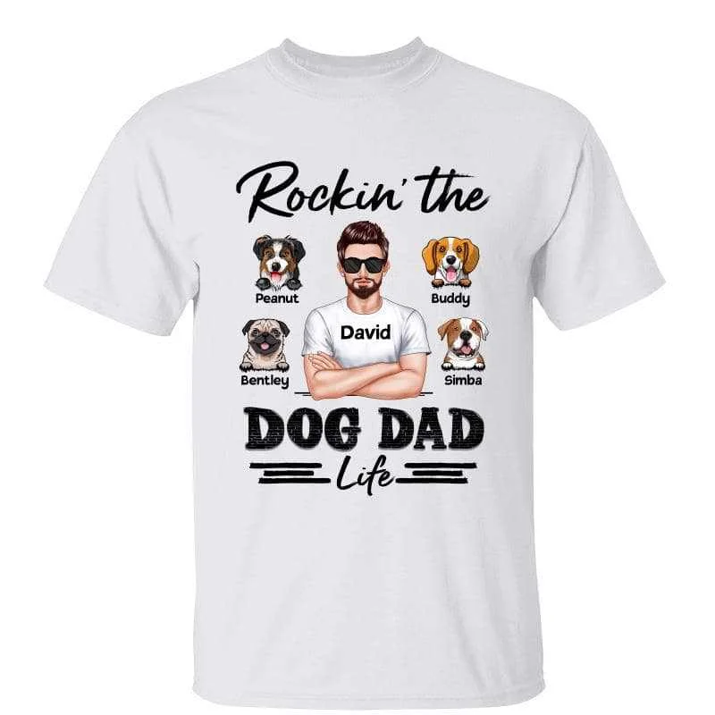 Custom fun T-shirts for pet lovers-Rockin‘ Dog Dad Life Real Man Personalized Shirt