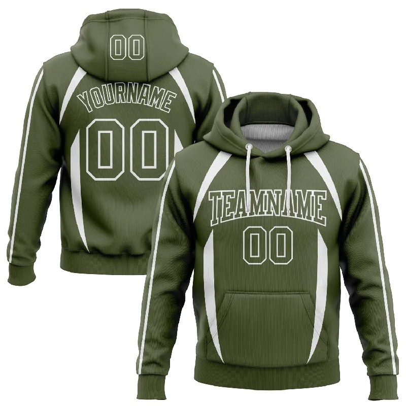 Women's Chic Hoodies-Custom Stitched Olive White 3D Pattern Design Contrast Color Stripe Sports Pullover Sweatshirt Hoodie