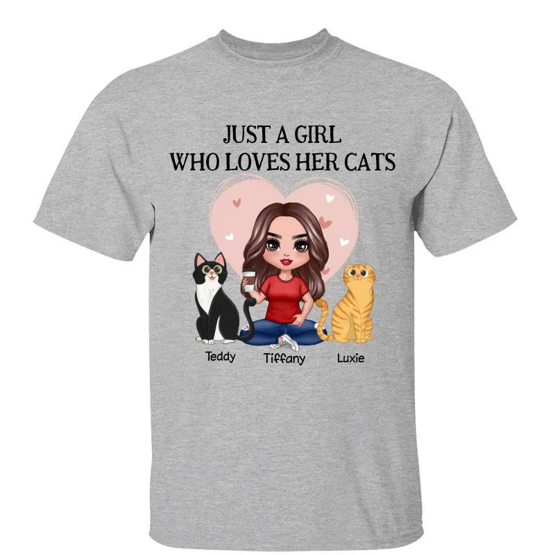 Custom printed T-shirts for summer parties-Pink Heart Doll Woman Just A Woman Who Loves Her Cats Personalized Shirt