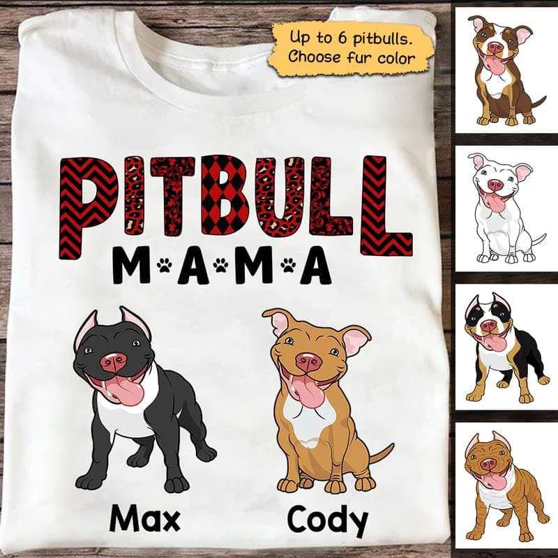 Custom matching T-shirts for couples-Pitbull Mama Red Patterned Personalized Shirt