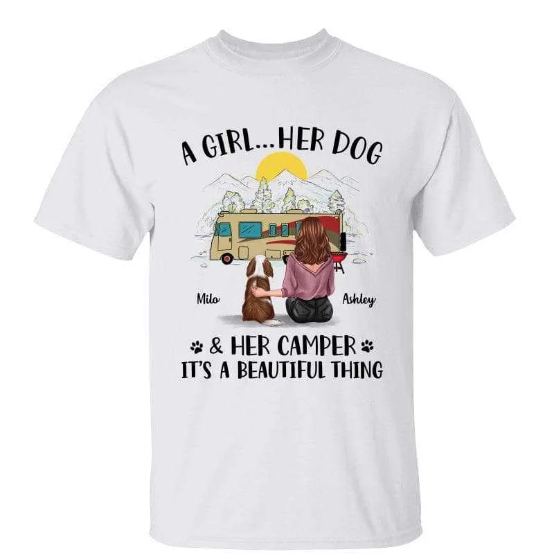 Fun pop culture graphic T-shirts-Camping Girl And Her Dogs Beautiful Thing Personalized Shirt