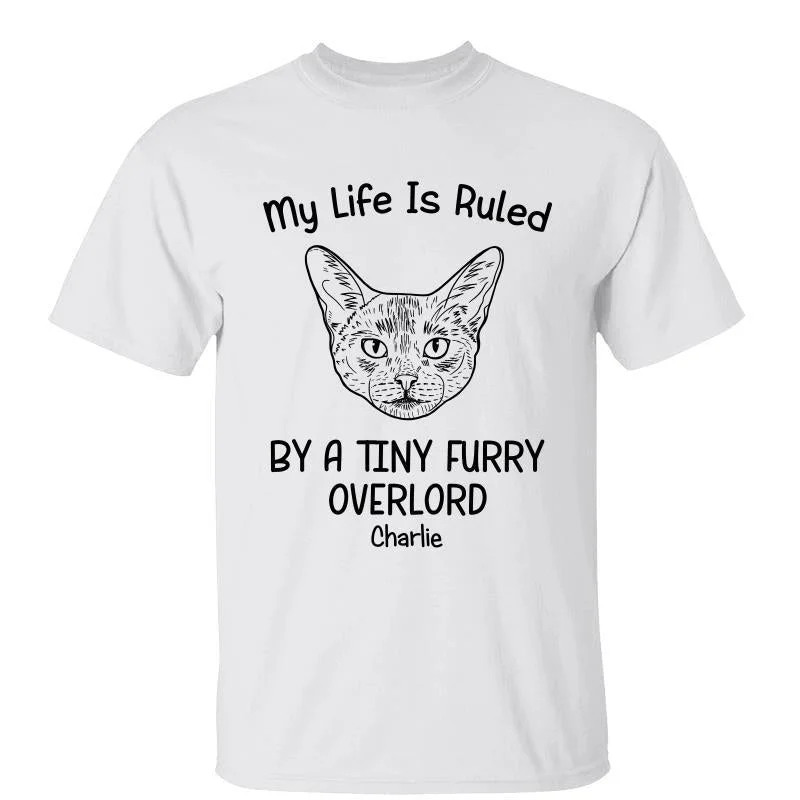 Personalized team T-shirts for sports celebrations-Life Ruled By Tiny Furry Overlords Cat Head Outline Personalized Shirt