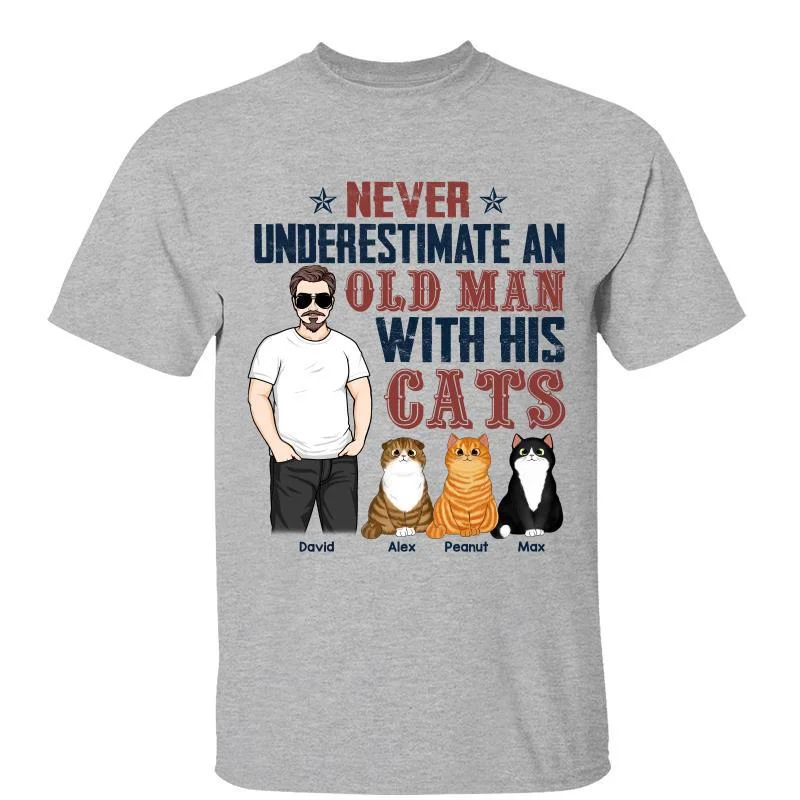 Unique custom logo T-shirts for events-Never Underestimate Old Man Standing Cat Dad Personalized Shirt