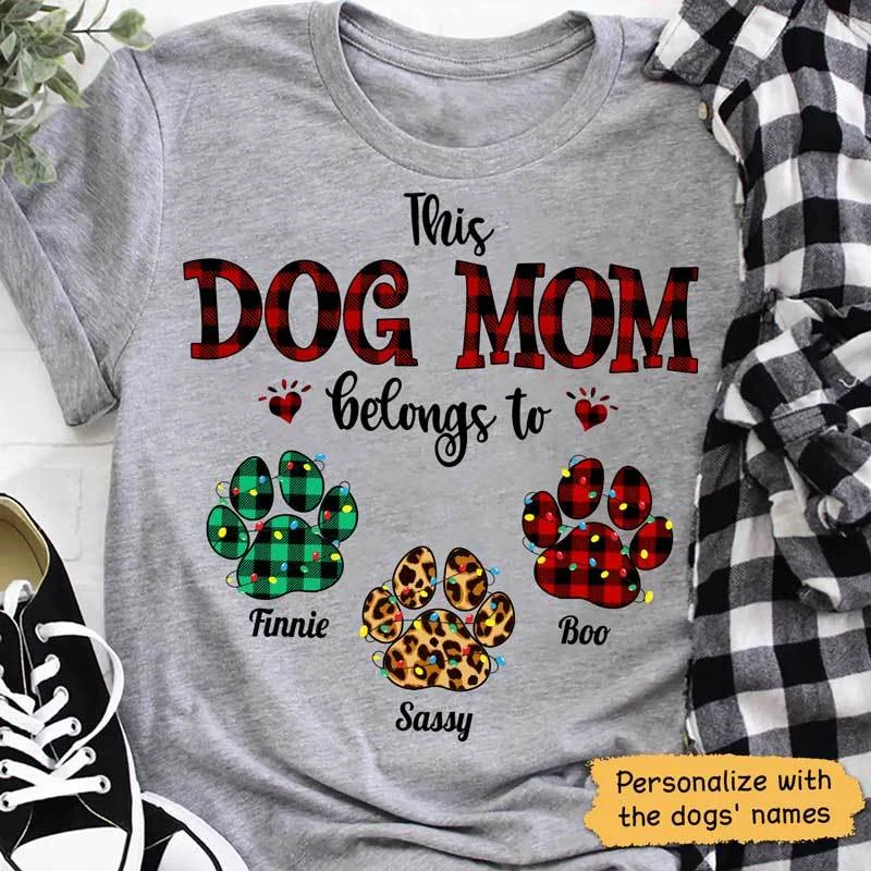 Unique custom animal print T-shirts-This Dog Mom Belongs To Christmas Pattern Personalized Shirt