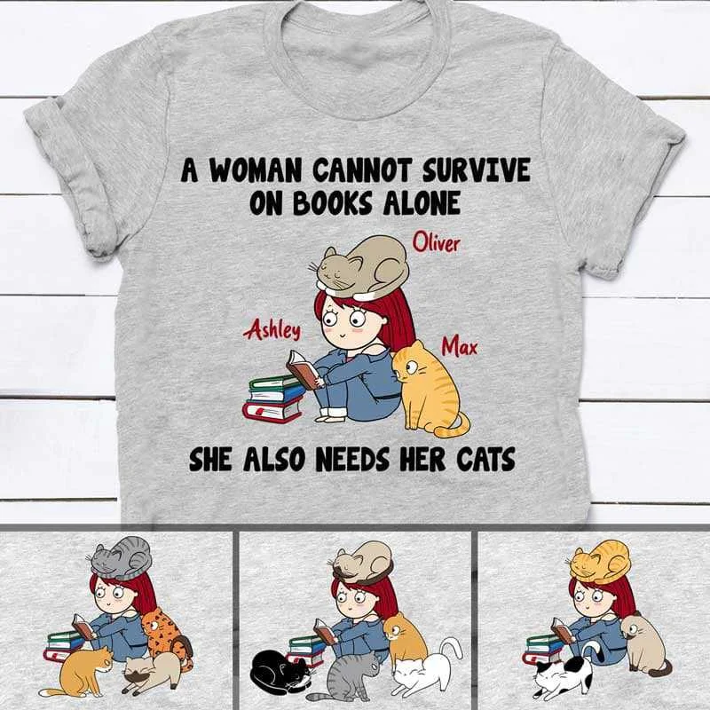 Motivational T-shirts for the gym-Survive On Books And Cats Chibi Woman Personalized Shirt