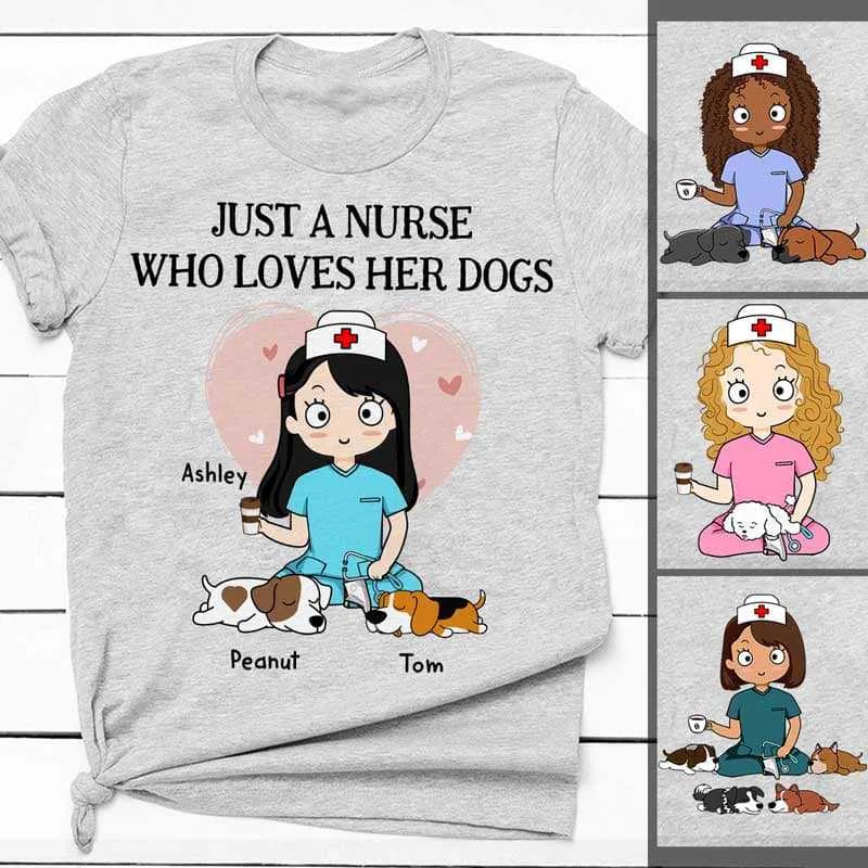 Cool pet lover T-shirts for families-Just A Nurse Who Loves Her Dogs Chibi Nurse Personalized Shirt