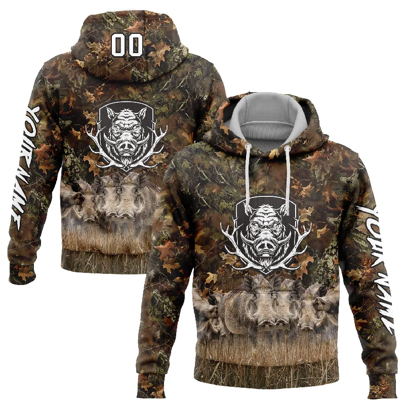 Women's Kangaroo Pocket Hoodies-Custom Stitched Camo White-Black 3D Wild Boar Hunting Sports Pullover Sweatshirt Hoodie