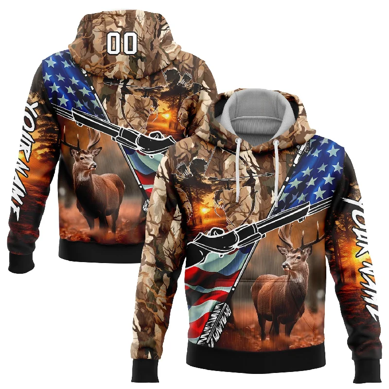 Women's Houndstooth Hoodies-Custom Stitched Camo White-Black 3D American Flag And Hunting Tools Deer Hunting Sports Pullover Sweatshirt Hoodie