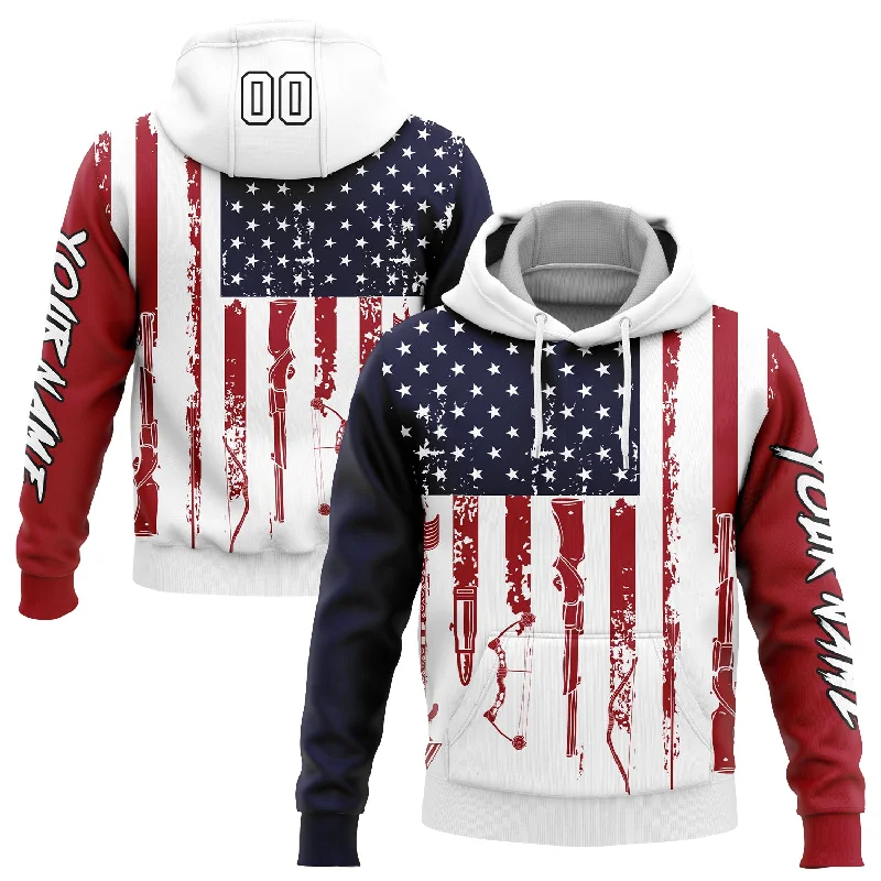 Women's Loose Fit Hoodies-Custom Stitched Navy Red-Black 3D American Flag And Hunting Tools Sports Pullover Sweatshirt Hoodie