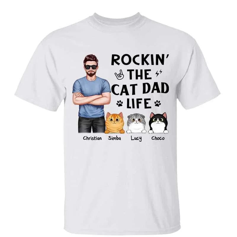 Matching T-shirts for sibling groups-Real Man Standing Rockin‘ The Cat Dad Life Father's Day Gift Personalized Shirt