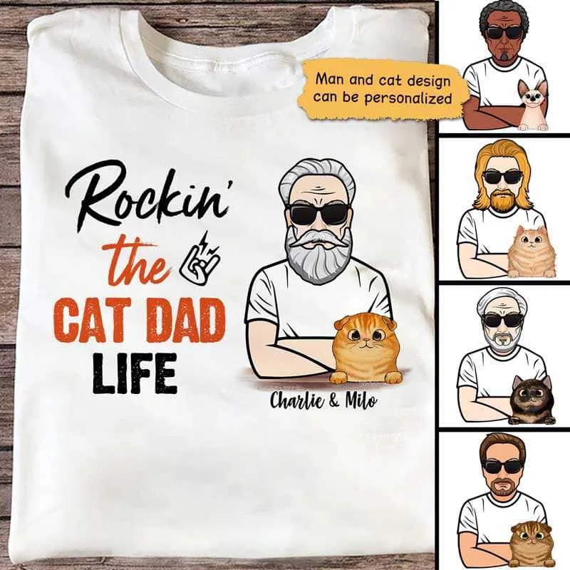 Vintage movie graphic tees for fans-Rockin‘ Cat Dad Life Old Man Personalized Shirt