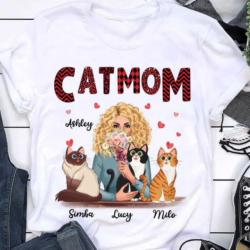 Personalized matching T-shirts for friends-Cat Mom Pattern Woman Holding Sitting Cat Personalized Shirt