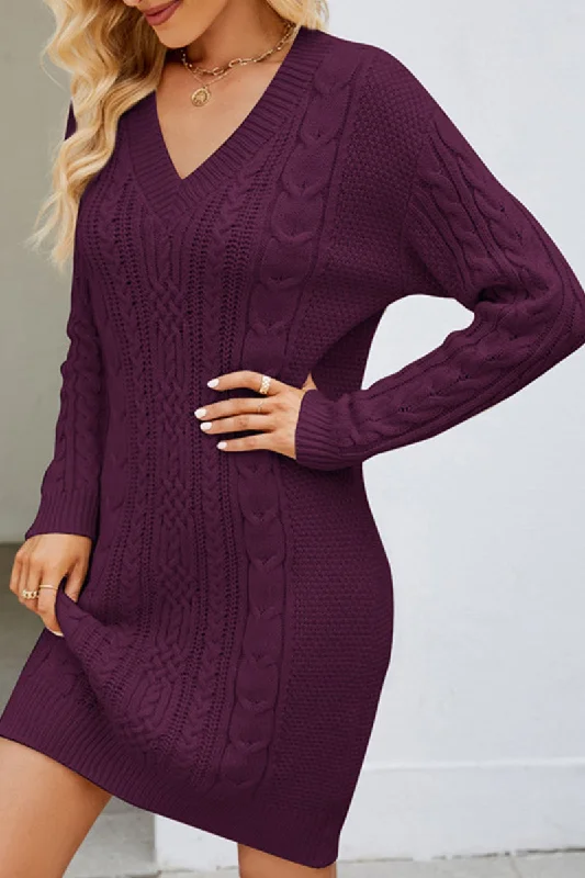 WOMEN CABLE KNIT V NECK SWEAT DRESS