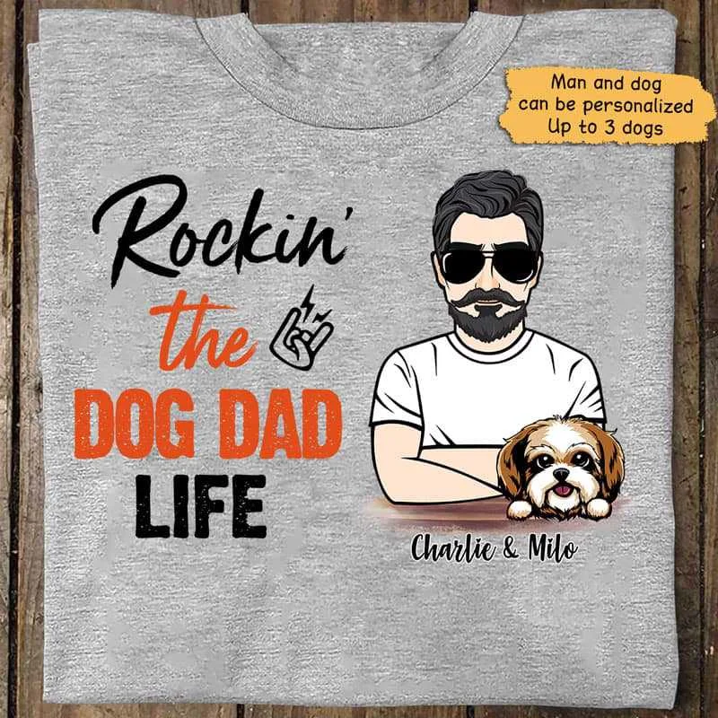 Cool T-shirts with retro prints for women-Rockin‘ Dog Dad Life Young Man Personalized Shirt