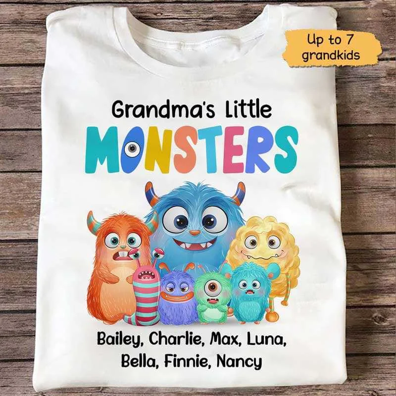 Custom graphic T-shirts for Christmas events-Grandma Little Cute Monsters Personalized Shirt