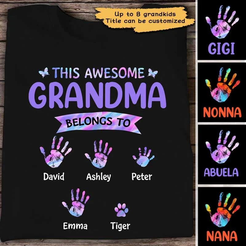 Funny work-themed T-shirts for employees-Grandma Mom Belongs To Hologram Hands Paws Personalized Shirt