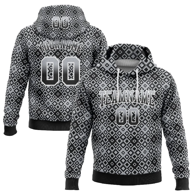 Women's Frayed Hem Hoodies-Custom Stitched Gray Black-White Fade 3D Pattern Design Geometric Square Shapes Sports Pullover Sweatshirt Hoodie