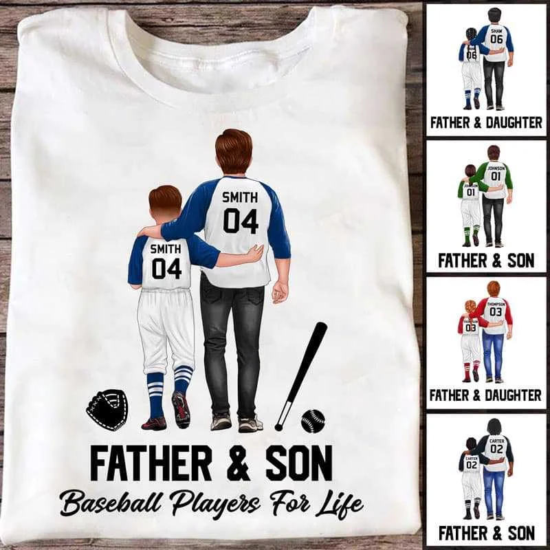 Cool event T-shirts with personalized logos-Father And Son Baseball Players For Life Personalized Shirt