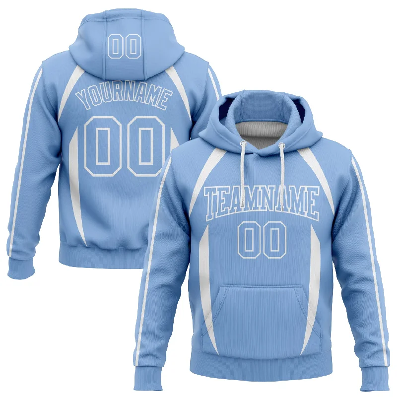 Women's Bow Detail Hoodies-Custom Stitched Light Blue White 3D Pattern Design Contrast Color Stripe Sports Pullover Sweatshirt Hoodie