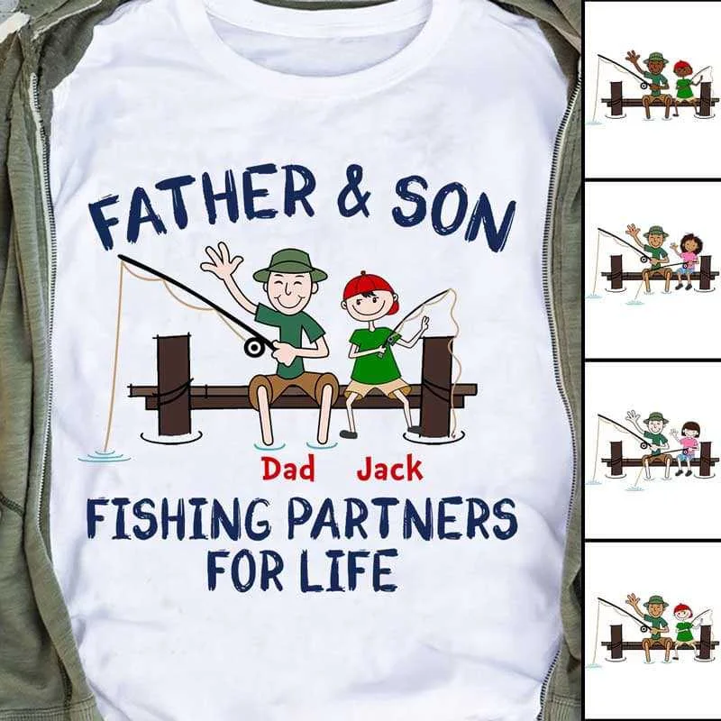 Custom T-shirts for anniversary celebrations-Fishing Partners For Life Dad Grandpa & Kid Personalized Shirt