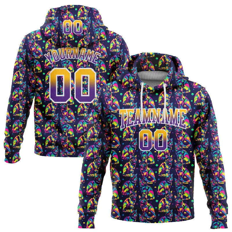 Women's Graphic Hoodies-Custom Stitched Purple Gold-White Fade 3D Pattern Design Colorful Animal Cat Sports Pullover Sweatshirt Hoodie