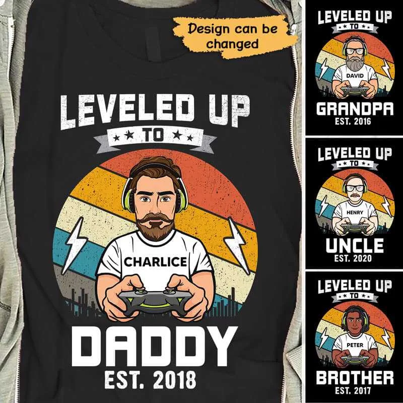 Trendy graphic T-shirts for summer festivals-Father's Day Leveled Up Video Games Personalized Shirt