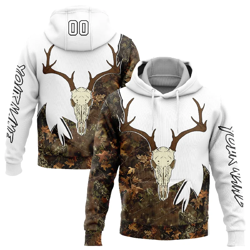 Women's Layered Sleeve Hoodies-Custom Stitched White Black-Camo 3D Deer Skull Hunting Sports Pullover Sweatshirt Hoodie