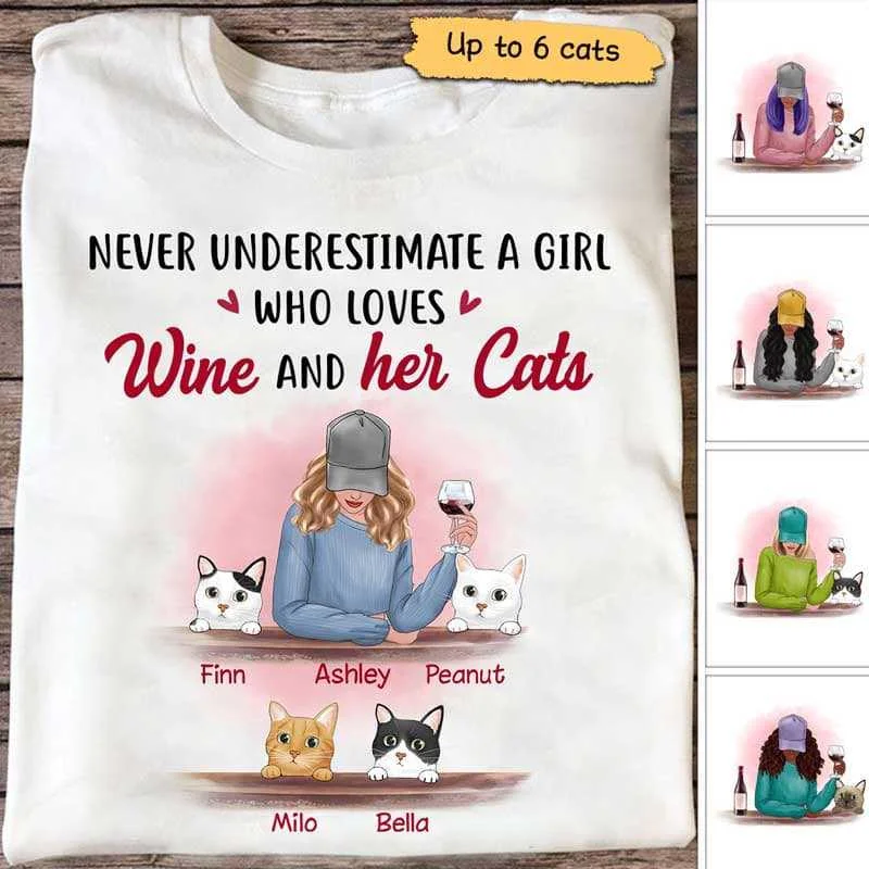 Funny photo T-shirts for family reunions-Never Underestimate Girl Cat Wine Personalized Shirt