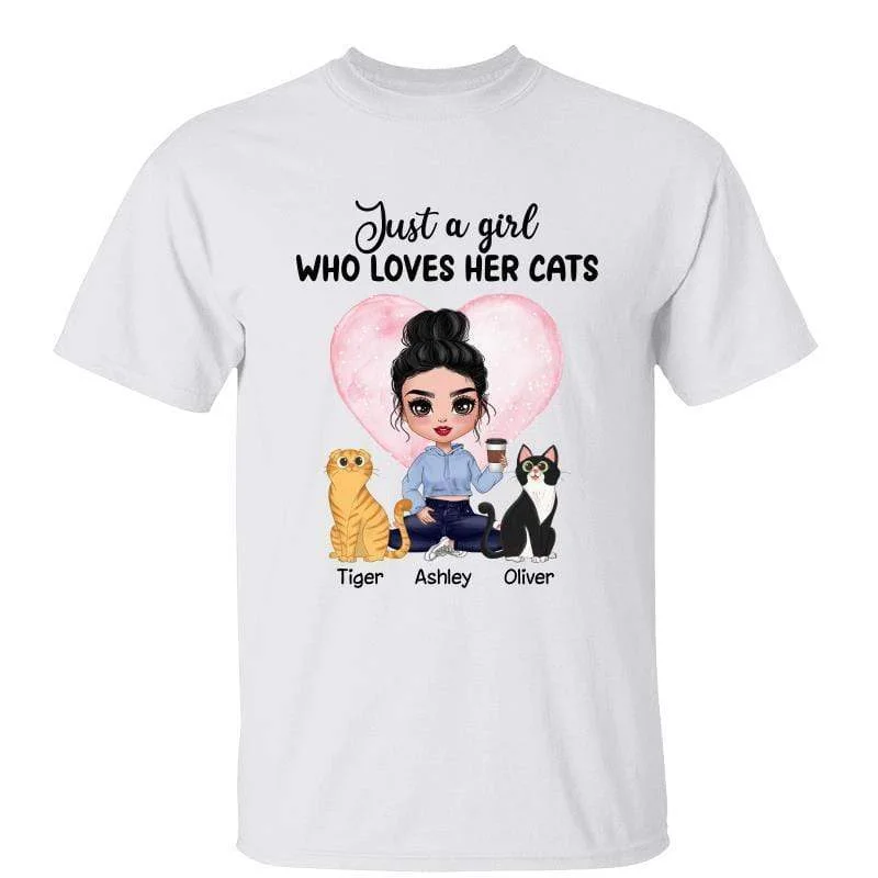 Personalized kids’ T-shirts for special events-Girl Loves Her Cats Doll Girl & Sitting Cat Personalized Shirt