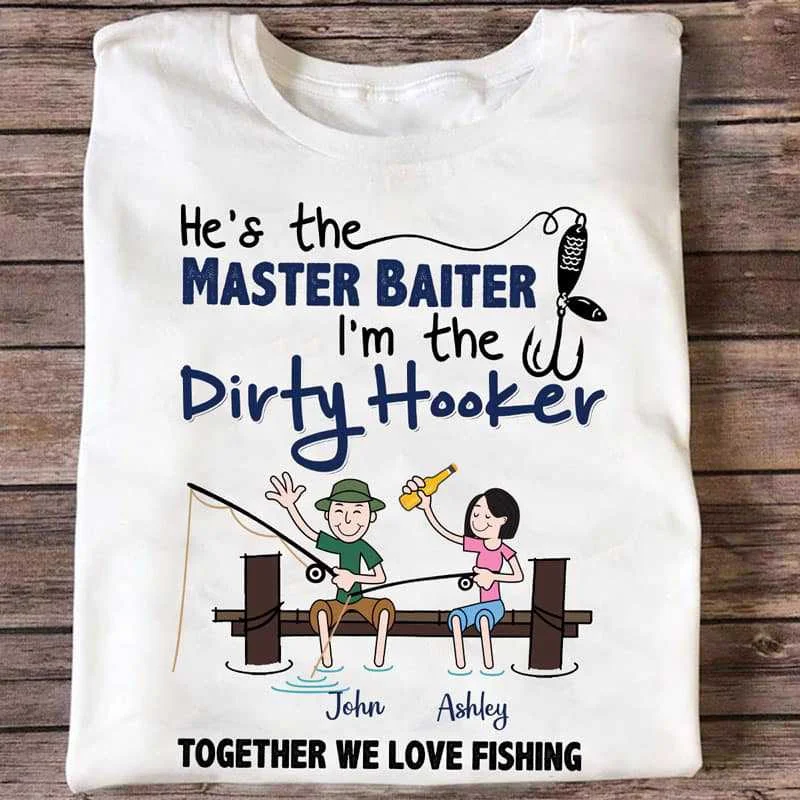 Custom T-shirts for sports tournament gifts-Together We Love Fishing Stick Couple Personalized Shirt