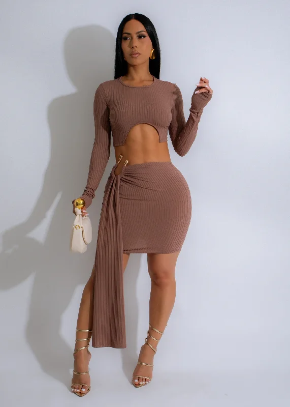 Skirts for chic look-Women's Insulated Pencil Skirts-Deep In Love Ribbed Skirt Set Brown