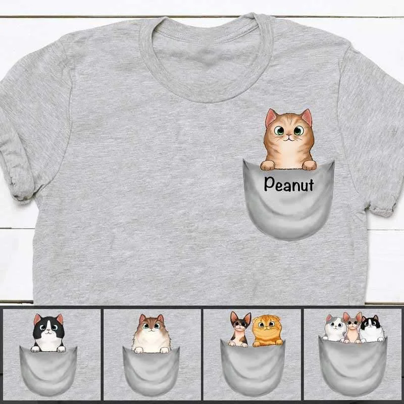 Custom graphic tees for parties-Peeking Cats Pocket Cute Fluffy Cat Personalized Shirt