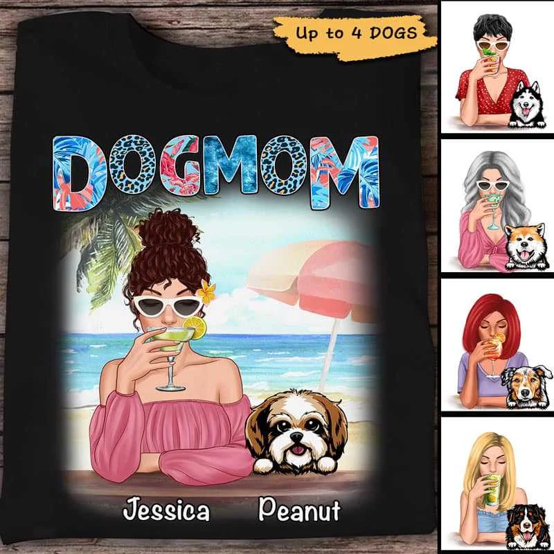 Personalized T-shirts with family photos for holidays-Dog Mom Summer Patterned Personalized Dark Color Shirt