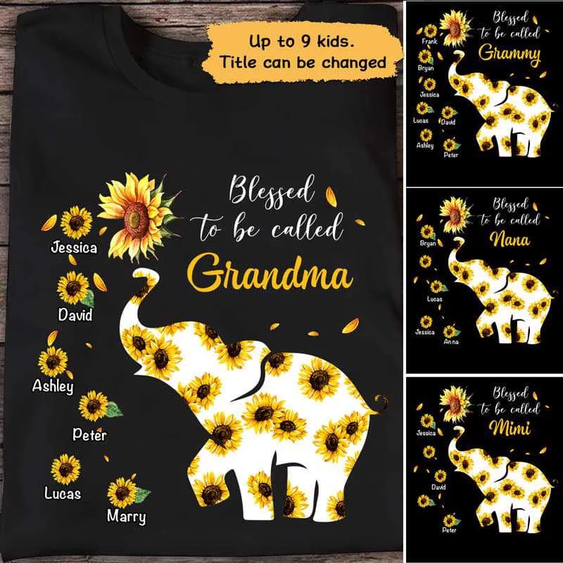 Cool nature-themed graphic T-shirts-Sunflower Elephant Mom Grandma Personalized Shirt