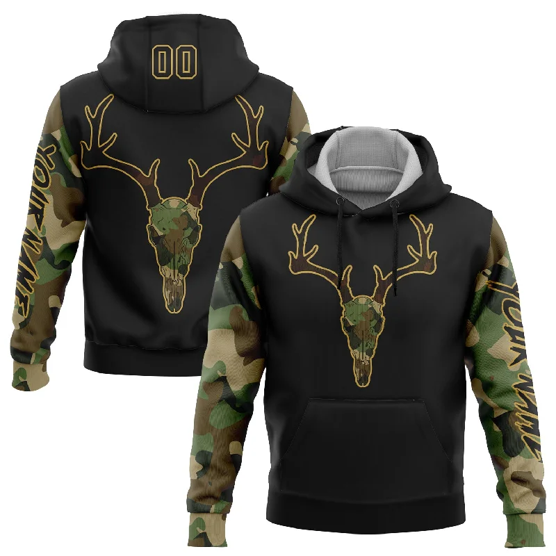 Women's Lounge Hoodies-Custom Stitched Black Cmao-Old Gold 3D Deer Hunting Sports Pullover Sweatshirt Hoodie