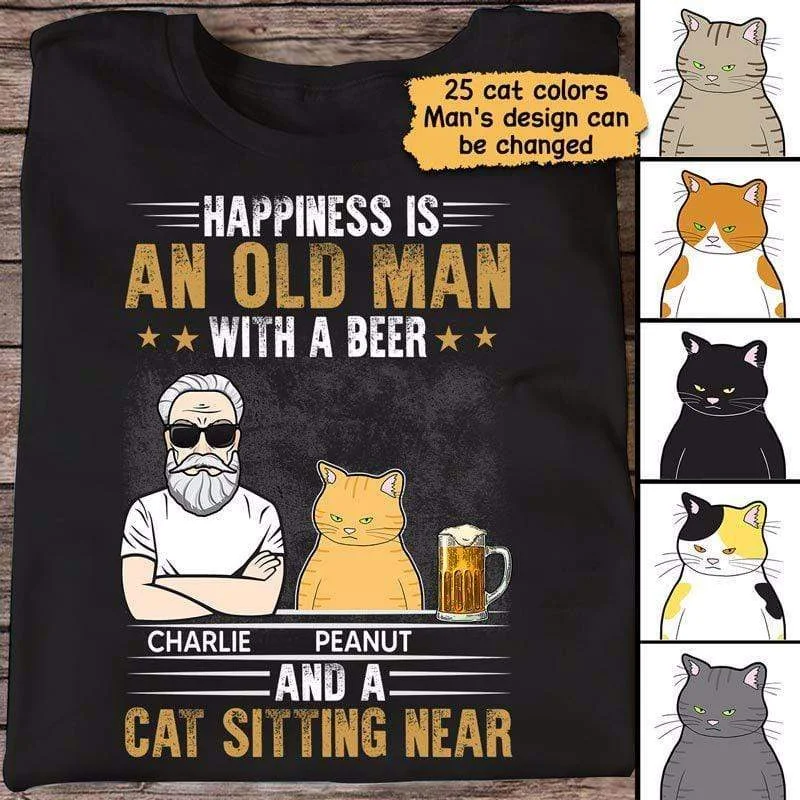 Custom T-shirts with cool art prints-An Old Man With Beer And Cats Personalized Shirt