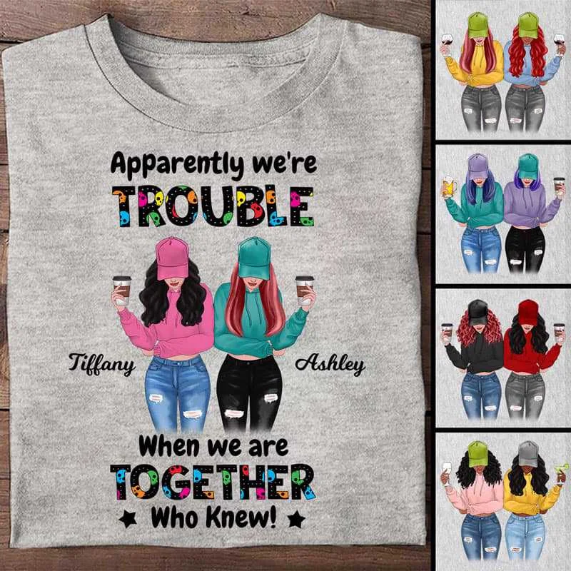 Personalized graphic tees for birthdays-Skull Pattern Trouble Besties Personalized Shirt