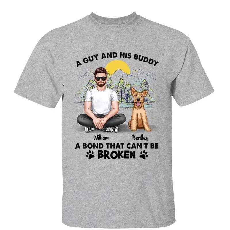 Fun travel-themed graphic T-shirts-A Guy And His Buddy Dog Dad Sketch Background Personalized Shirt