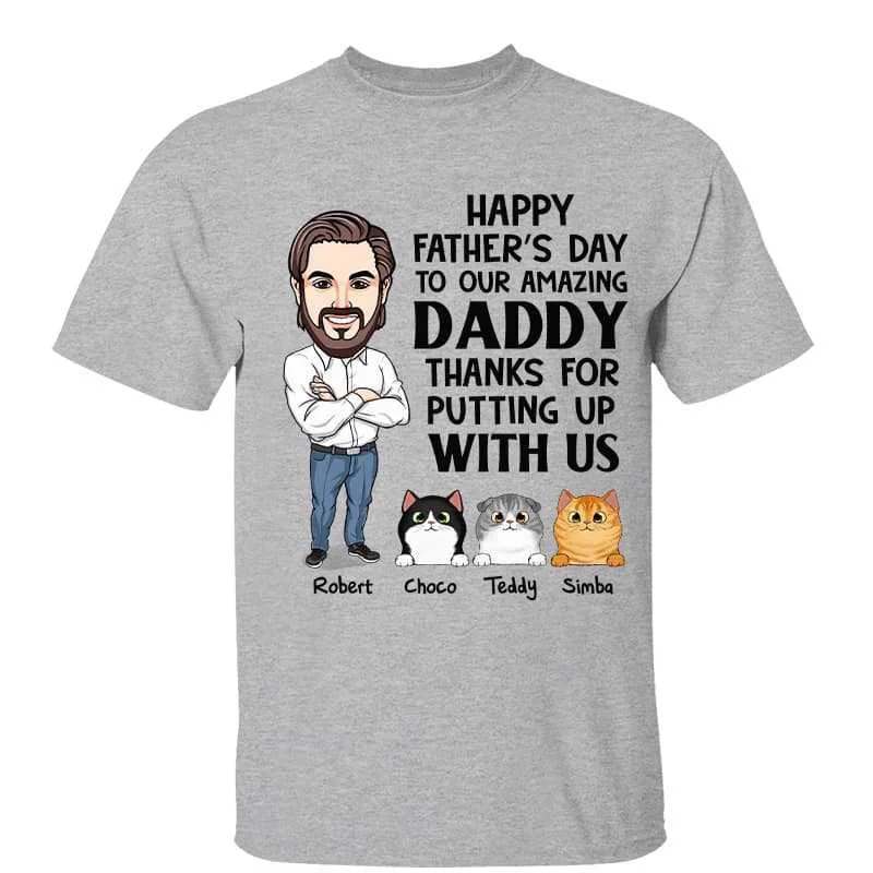 Funny motivational T-shirts for work events-Thanks For Putting Up With Us Caricature Cat Dad Personalized Shirt